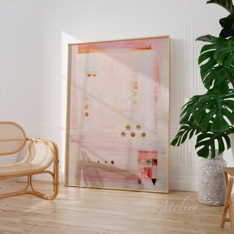 Original abstract painting, Light pink and gold leaf minimalist modern abstract art, Large wall art aesthetic vertical art, Ready to hang image 4