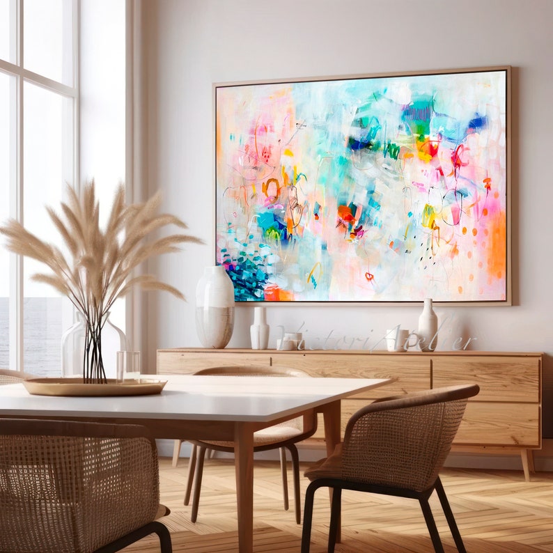 Abstract art painting print , White and multicolor Extra large wall art print, Canvas decor for living room, Art over coach sofa image 3