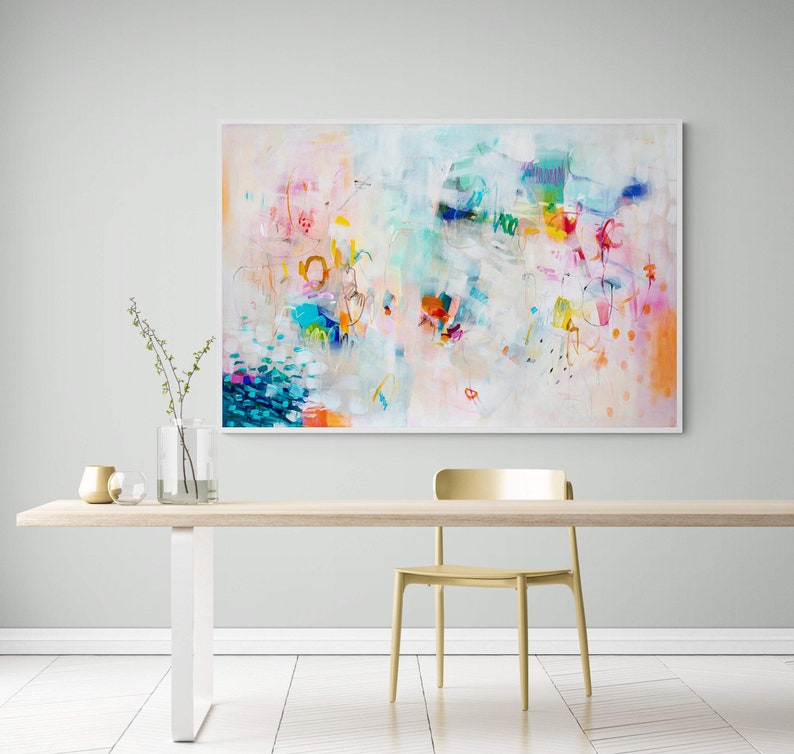 Abstract art painting print , White and multicolor Extra large wall art print, Canvas decor for living room, Art over coach sofa image 4