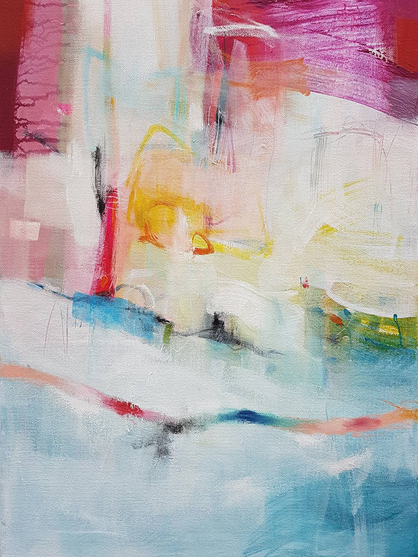 青とピンクのアクリル抽象画 キャンバスに描かれた大きな抽象的な青とピンクのアクリル画（54インチ