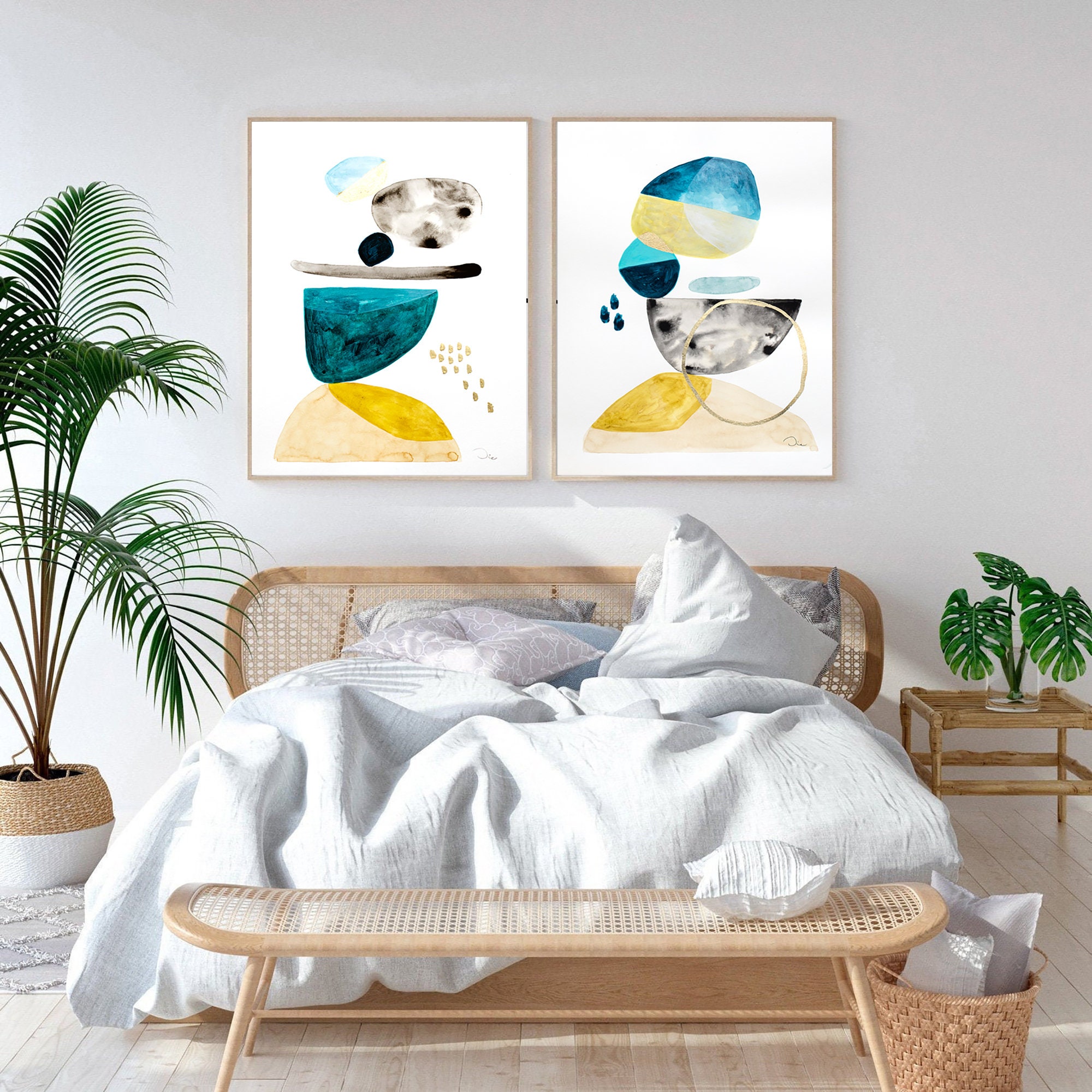 Abstract Wall Art Set of 2 Prints Blue and Yellow Minimalist | Etsy