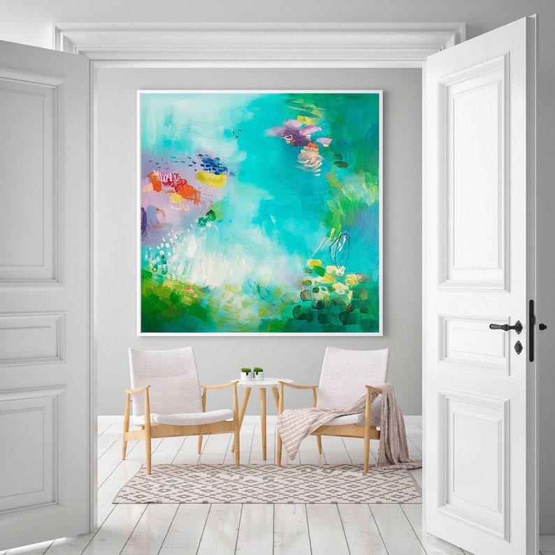 Teal aqua abstract print Large canvas wall art Teal wall Etsy