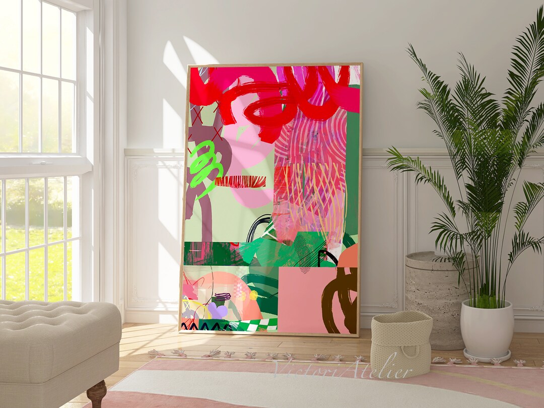 Bright Pink and Green Modern Contemporary Abstract Wall Art Print ...
