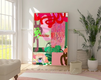 Bright Pink and Green Abstract Art Print, Modern Giclée Wall Decor