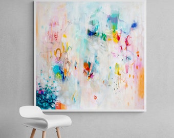 ホワイトマルチカラーのモダンな抽象画、リビングルームの装飾 - Etsy 日本