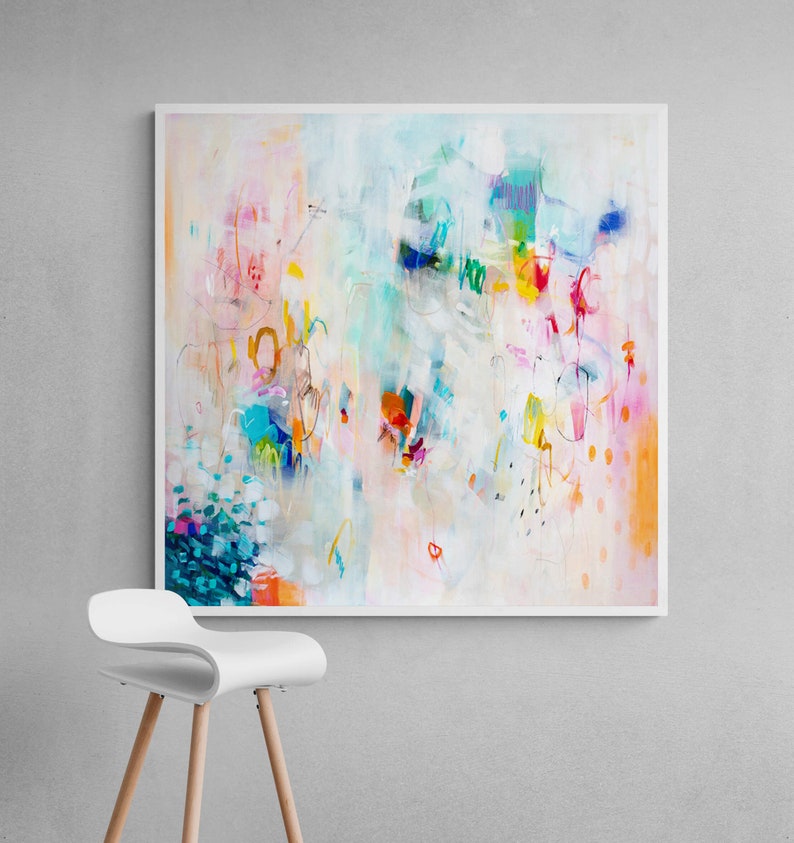 Abstract art painting print , White and multicolor Extra large wall art print, Canvas decor for living room, Art over coach sofa image 6