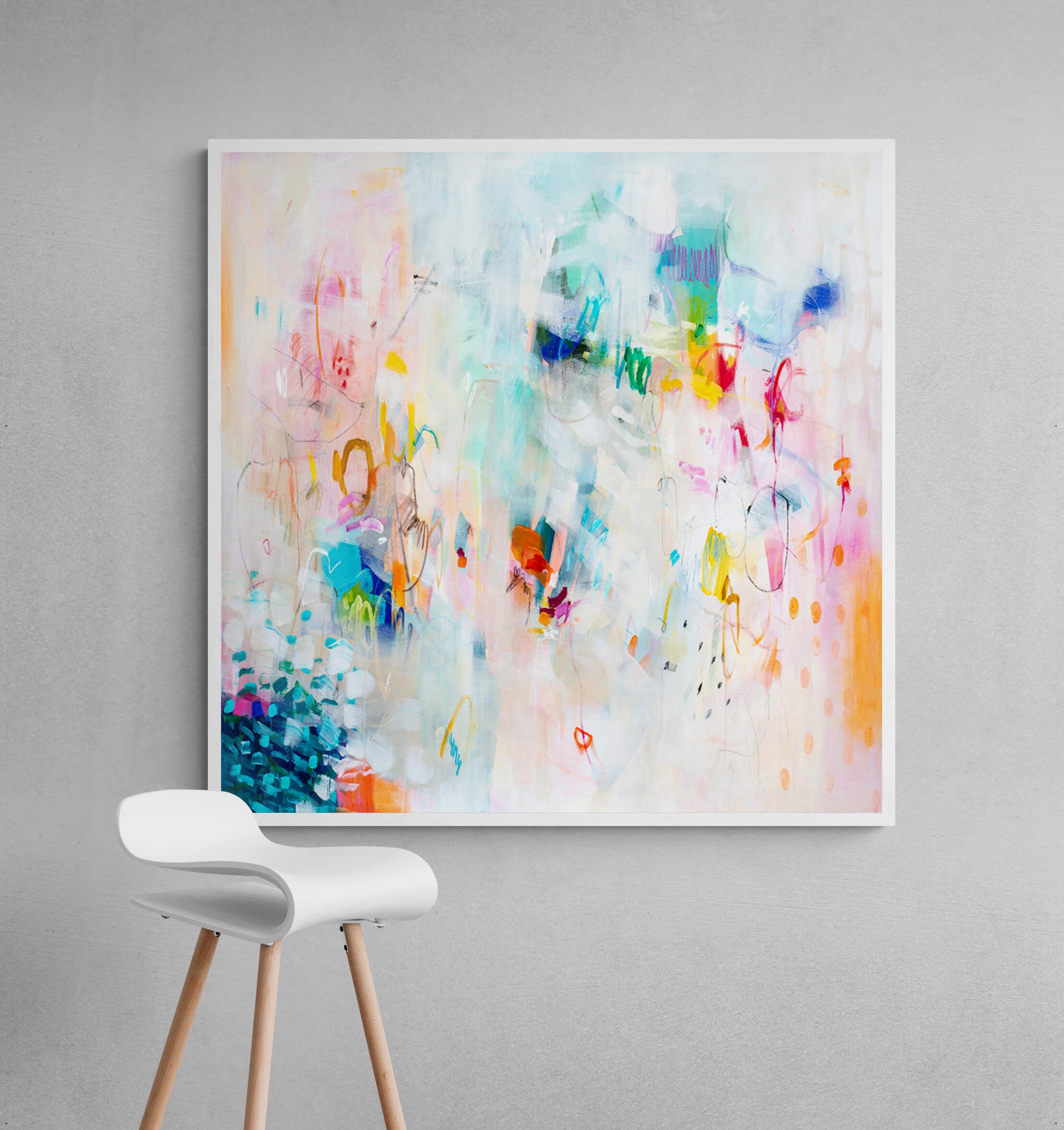 ホワイトマルチカラーのモダンな抽象画、リビングルームの装飾 - Etsy 日本