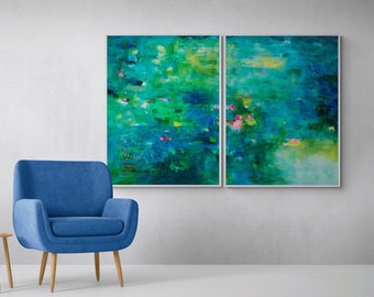 Abstract prints set, Set of 2  large prints, Tropical landscape Large art, Abstract painting green blue, Abstract art, Extra large wall art