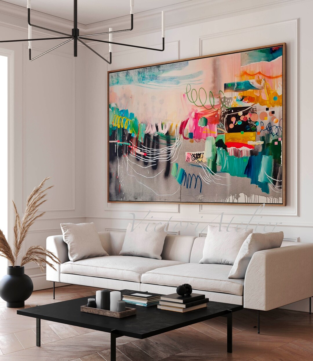 Modern Abstract Art Gray and Multicolor Extra Large Wall Art Etsy