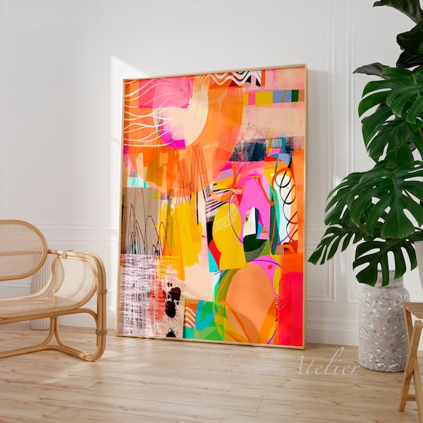 Impresión de pintura abstracta grande, arte mural giclée en amarillo anaranjado