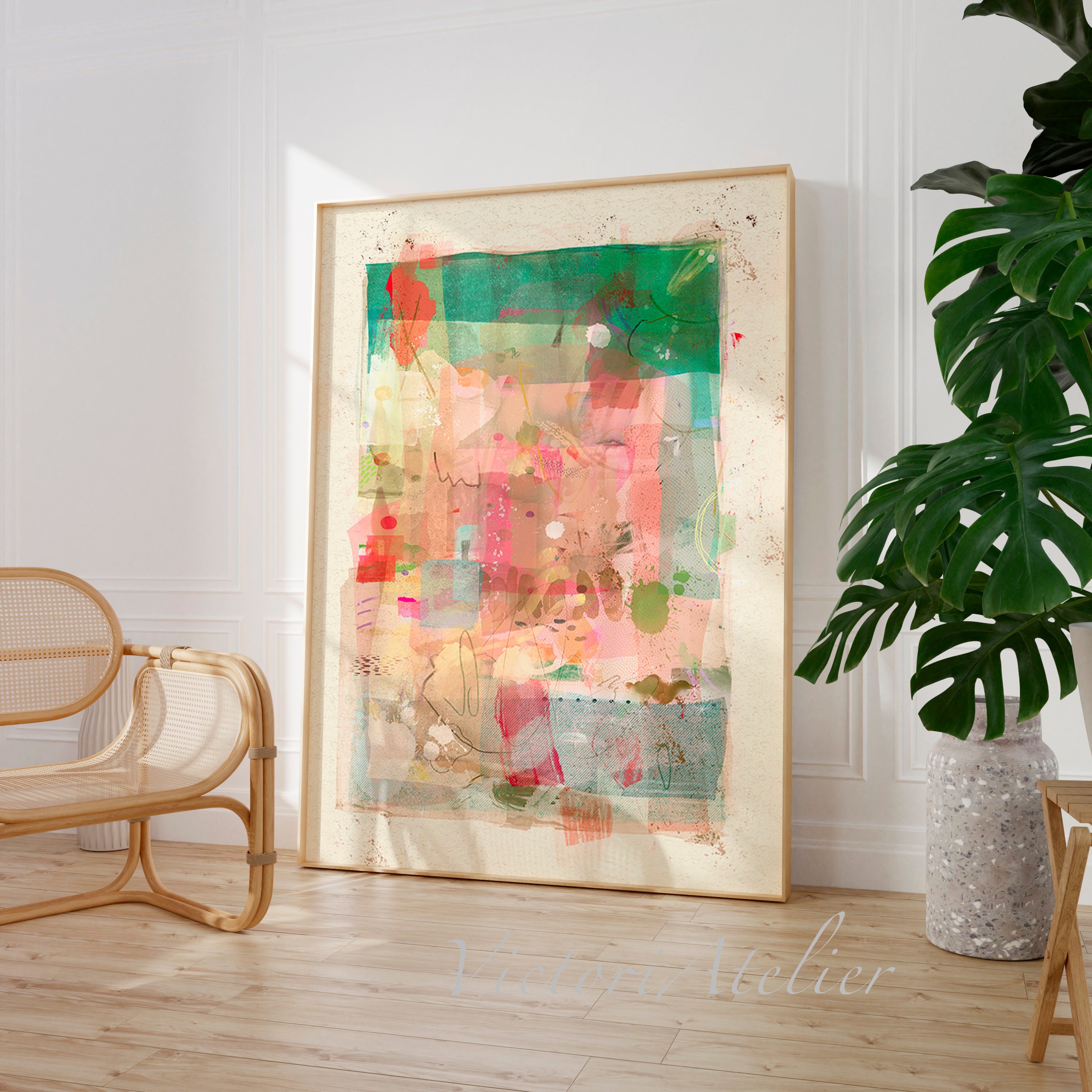 Abstract painting with light colours, Green beige pink art, Modern contemporary abstract wall art print, Statement living room wall decor