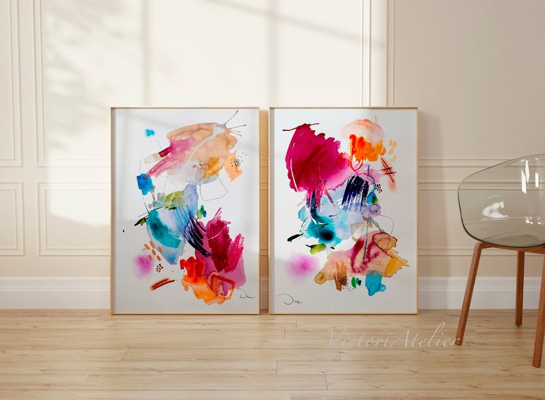Set of 2 colorful watercolor fine art print, large watercolor painting giclee print, modern abstract art print, VictoriAtelier image 1