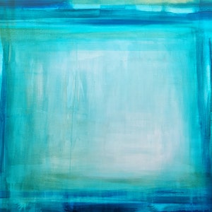Pode incluir: Pintura abstrata com uma moldura retangular em tons de azul e turquesa. A obra apresenta um efeito de gradiente, passando de tons mais escuros nas bordas para tons mais claros no centro, criando uma sensa&ccedil;&atilde;o de profundidade e serenidade.