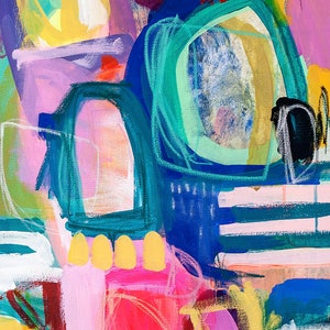 May include: Abstract painting with bold strokes of blue, green, yellow, pink, and white paint. The painting features geometric shapes and lines.