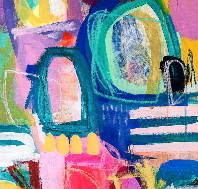 May include: Abstract painting with bold strokes of blue, green, yellow, pink, and white paint. The painting features geometric shapes and lines.