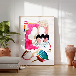 Hot pink Abstract art, Modern colorful art for eclectic wall decor, Hand embellished with gold leaf
