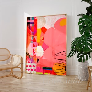 Impresión de pintura abstracta, multicolor rosa vibrante y colorido, arte de pared extra grande, pintura abstracta multicolor brillante