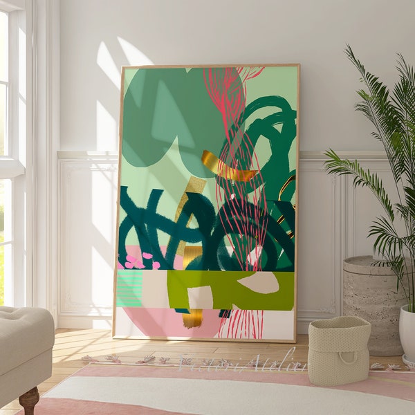 Modern contemporary abstract wall art print, Green and pink abstract painting, Statement living roon wall decor