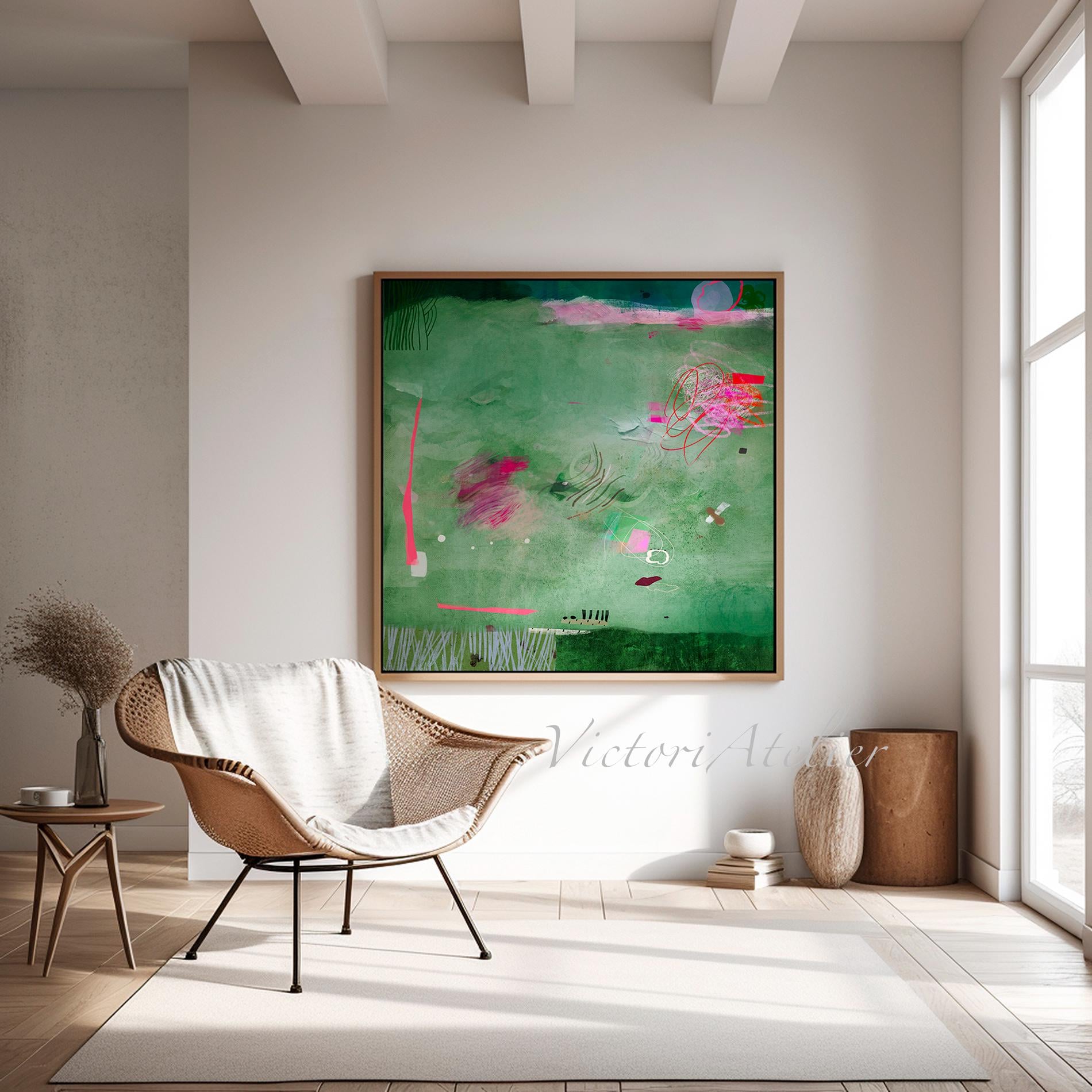 緑とピンクの抽象的なアートプリント、モダンでカラフルな特大絵画
