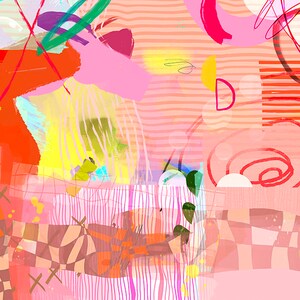 Op de afbeelding: Abstracte kunstprint met een roze, oranje, gele, groene en blauwe kleurstelling. De print bevat een verscheidenheid aan geometrische vormen en lijnen.
