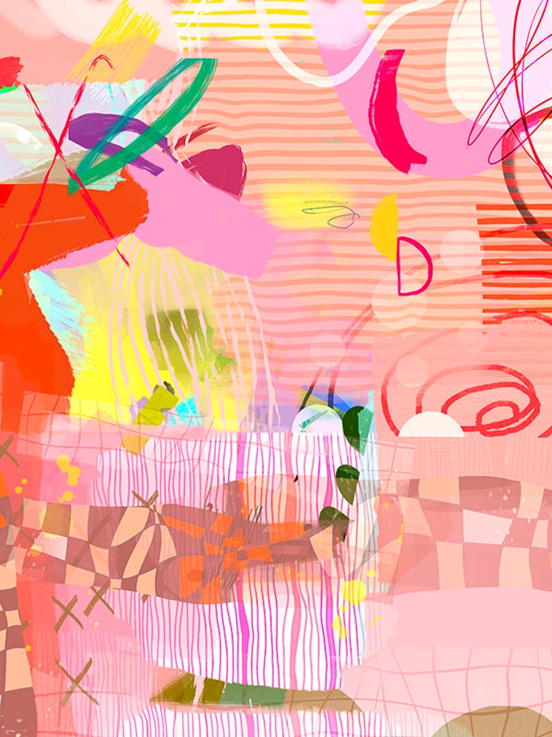 Op de afbeelding: Abstracte kunstprint met een roze, oranje, gele, groene en blauwe kleurstelling. De print bevat een verscheidenheid aan geometrische vormen en lijnen.