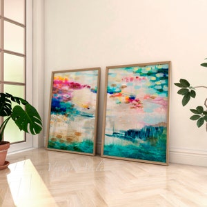 Set of 2 abstract wall art, Tropical landscape green pink abstract painting, Large modern wall art set 2, Large over sofa aesthetic art