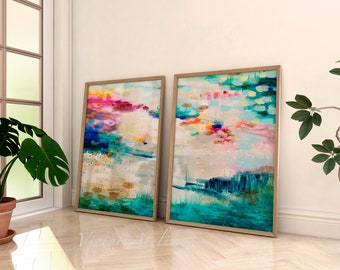 Set of 2 abstract wall art, Tropical landscape green pink abstract painting, Large modern wall art set 2, Large over sofa aesthetic art