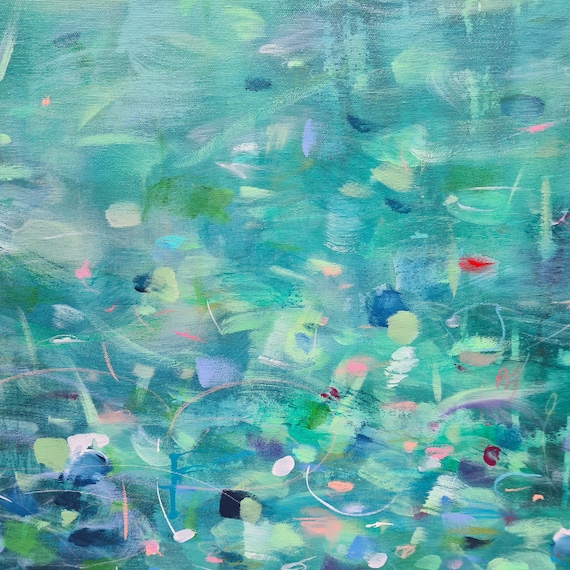 エメラルドグリーンの抽象画アートプリント、トロピカル絵画2枚セット