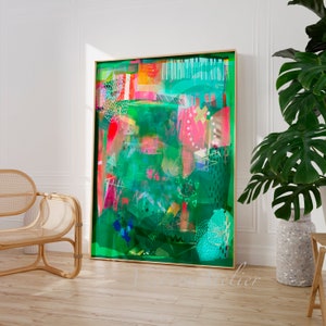 Impressão de arte abstrata verde brilhante contemporânea moderna, Impressão de pintura abstrata divertida, vívida e colorida, Arte de parede grande vibrante e moderna