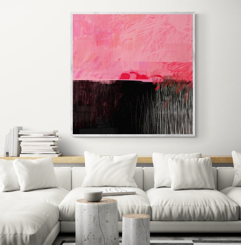 Pink and Black Abstract Painting, Minimalist Wall Art Print - Etsy