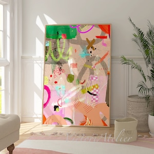 Fun light coral and green colorful Abstract painting print, Vibrant bright multicolor abstract wall art, Eclectic wall decor