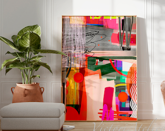 Vibrant colorful abstract painting, Hot pink and gray Bright multicolor large abstract art, Large wall art poster print