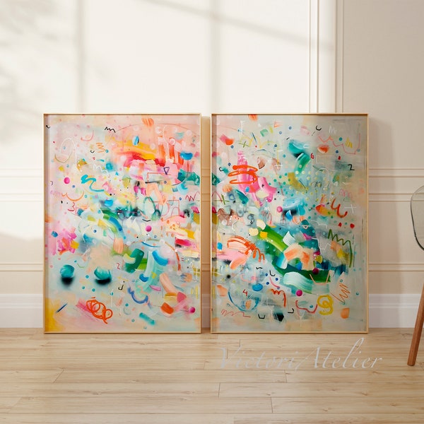 Abstract prints set, Set of 2  large prints, Joyful multicolor colorful Large art, Abstract painting, Abstract art, Extra large wall art