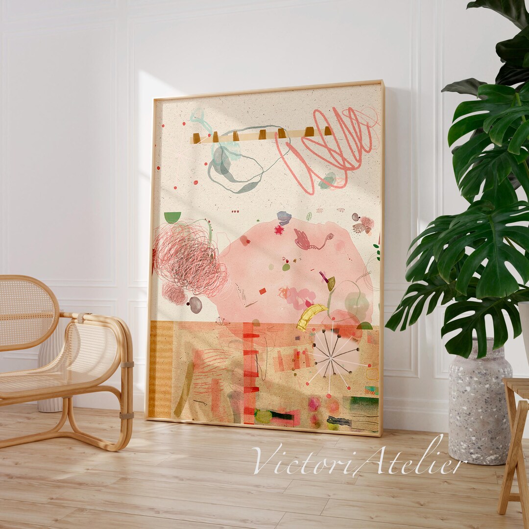 Impression de peinture abstraite, grand art abstrait de couleurs neutres, oeuvre d'art moderne beige rose, grande décoration d'art mural