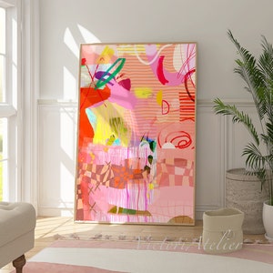 Pink and yellow Modern contemporary abstract wall art print, Eclectic modern drawing, Statement living roon wall decor
