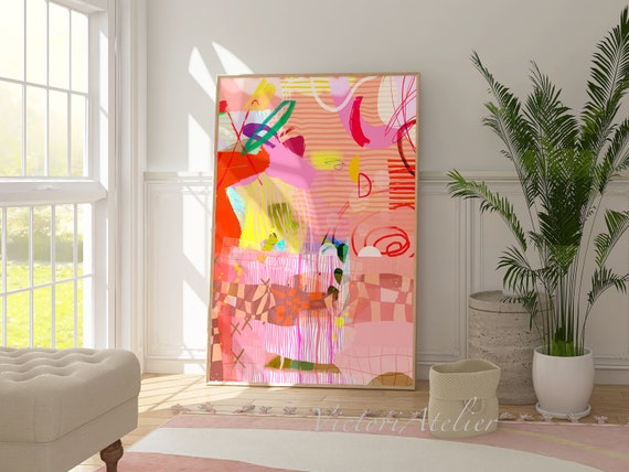 Pink Yellow Abstract Art Print, Modern Eclectic Wall Decor