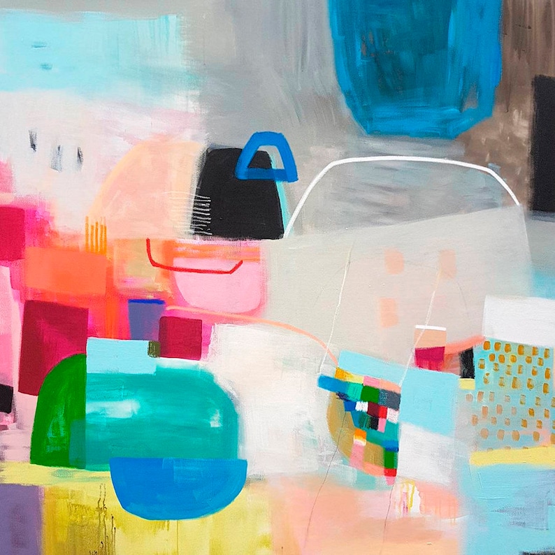Op de afbeelding: Abstract schilderij met geometrische vormen in tinten roze, blauw, groen en geel. Het schilderij heeft een moderne en kleurrijke stijl.