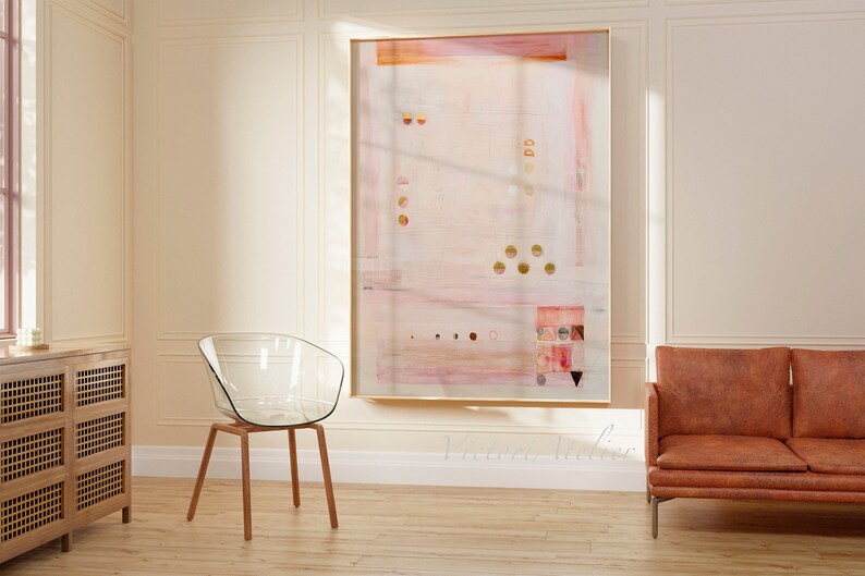 Original abstract painting, Light pink and gold leaf minimalist modern abstract art, Large wall art aesthetic vertical art, Ready to hang image 3