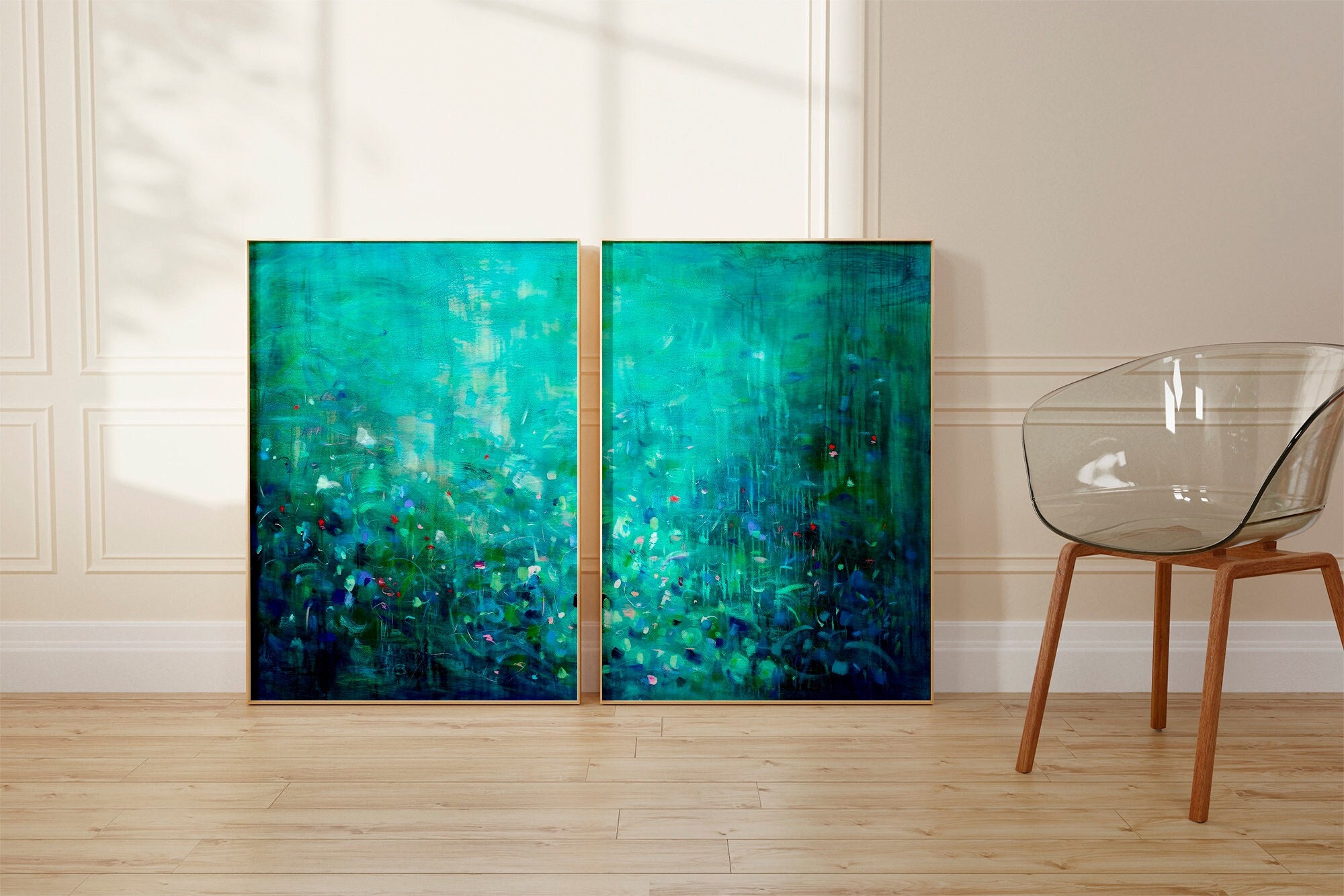 エメラルドグリーンの抽象画アートプリント、トロピカル絵画2枚セット