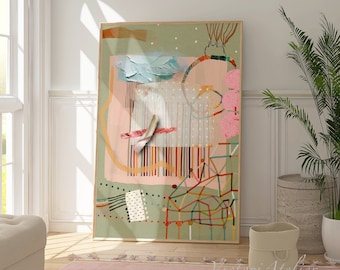 Pale Green and Pink Abstract Art Print, Modern Illustration