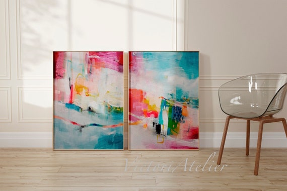 青とピンクの抽象画セット、大型ウォールアート - Etsy 日本