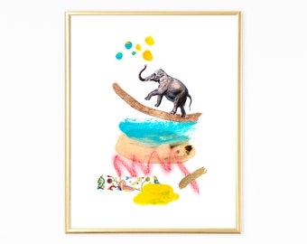 Elephant print, Elephant Giclee print of my original collage, Baby Animal Nursery Art, Elephant Wall Art, Baby Elephant Nursery gift