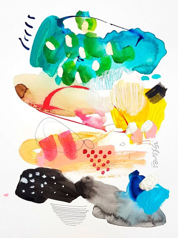 カラフルな抽象的な水彩画プリントセット、楽しい絵画 - Etsy 日本