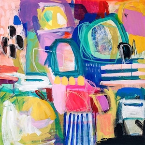May include: Abstract painting featuring bold, colourful shapes and lines in shades of pink, yellow, blue, green, and black.