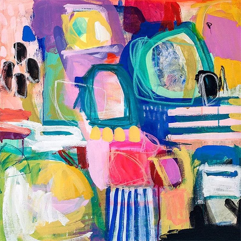 May include: Abstract painting featuring bold, colourful shapes and lines in shades of pink, yellow, blue, green, and black.