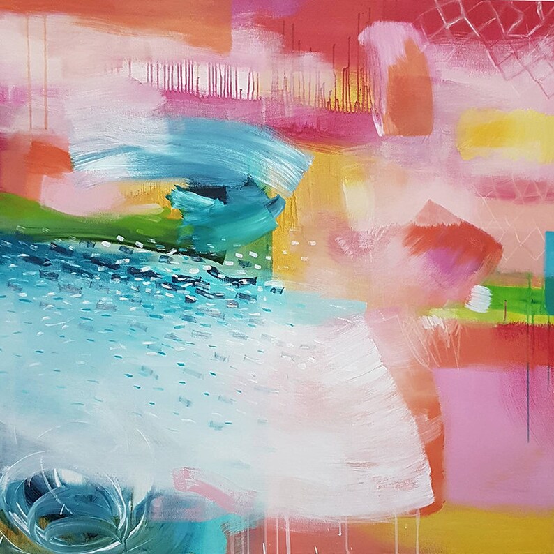 May include: Abstract painting with vibrant colors, including pink, red, yellow, green, and blue. The painting features a variety of brushstrokes and textures, creating a dynamic and energetic composition.