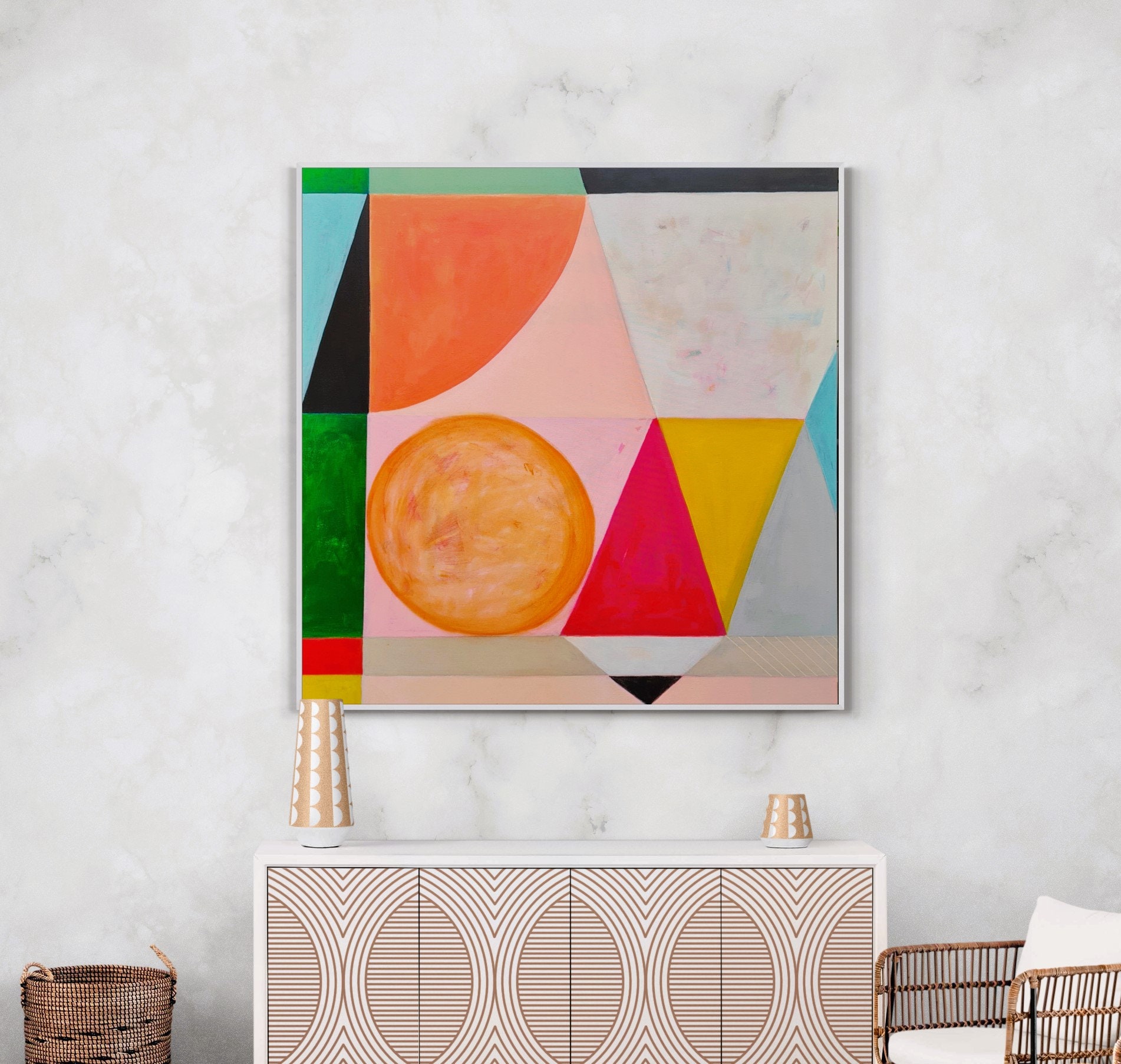 オリジナルの幾何学的抽象画、カラフルなモダンアート（40x40インチ
