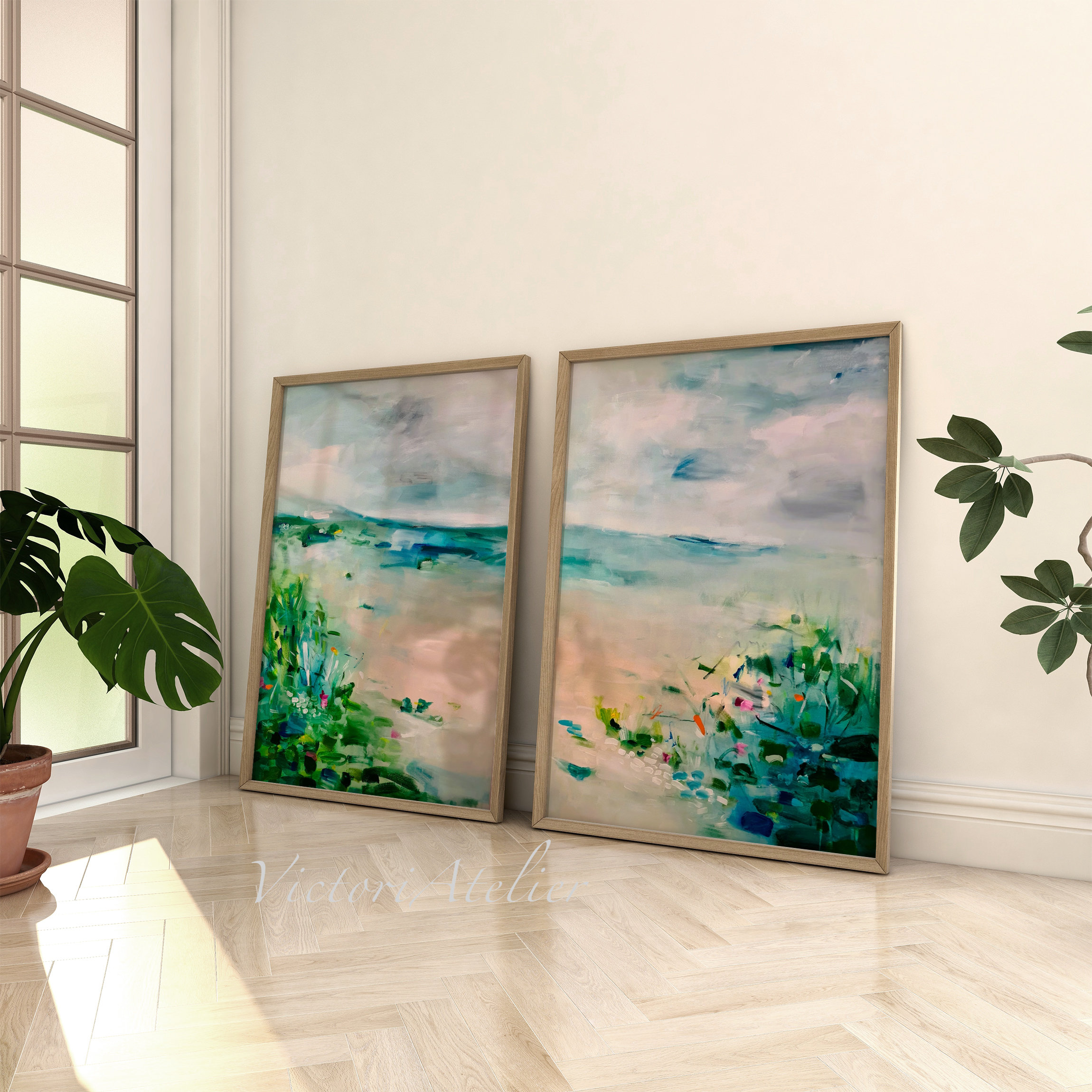 Set 2 Calm beach scenery, Green and beige large abstract art, Coastal wall art, Beach house wall art decor, Beachscape abstract painting