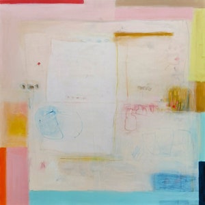 Puede incluir: Pintura abstracta con fondo blanco y formas geom&eacute;tricas de colores. Las formas son en tonos de rosa, rojo, amarillo, azul y verde. La pintura tiene una sensaci&oacute;n ligera y aireada.