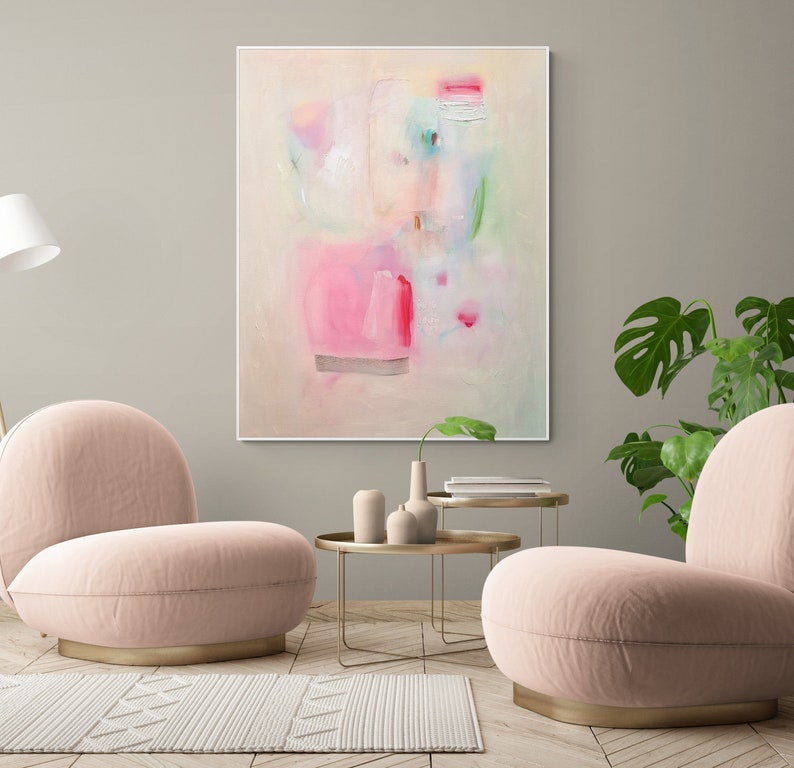 Impresión de pintura abstracta, arte abstracto minimalista beige rosa claro, decoración de pared moderna, arte de pared extra grande image 4